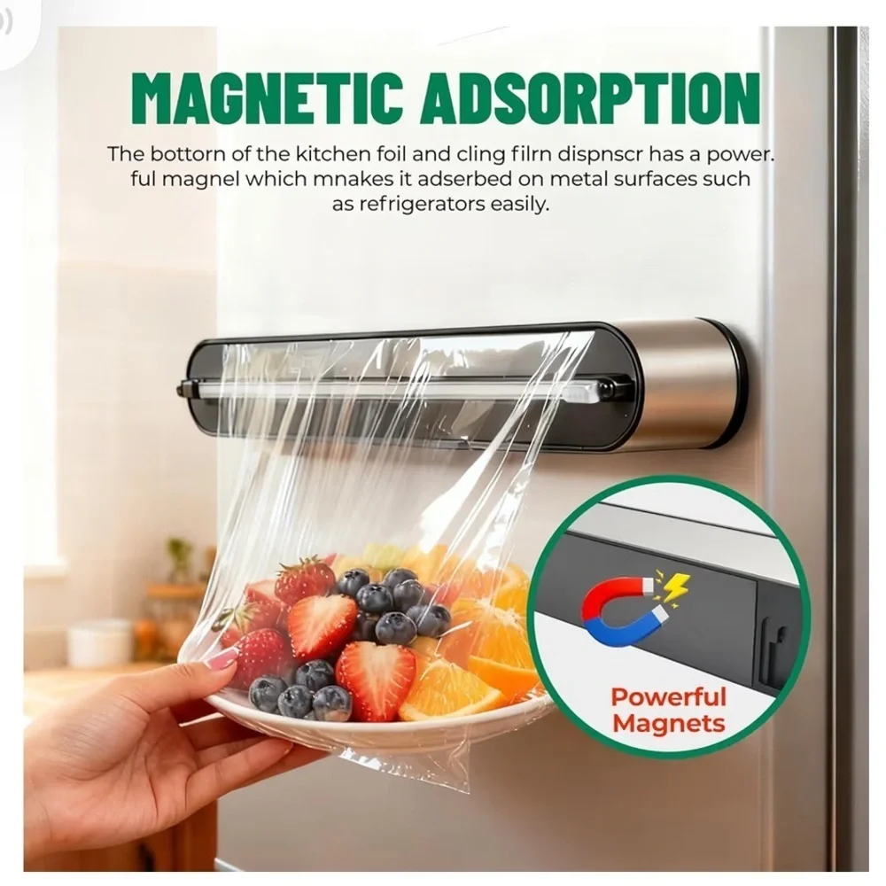 Magnetic Plastic Wrap Dispenser with Cutter, No-Drill Wall Mount 061